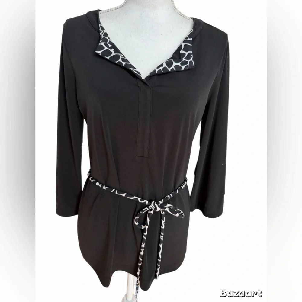 Dana Buchman Black Tunic Top Small Animal Print Trim Tie Waist 3/4 Sleeve Blouse - Picture 2 of 7